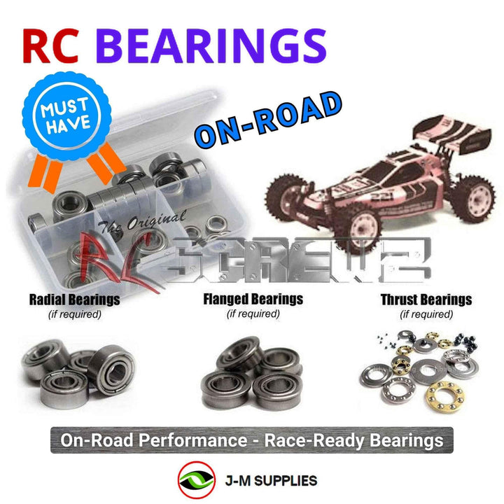 Representative image of an RCScrewZ metal-shielded bearing kit for Kyosho Turbo Optima Mid 1/10 Electric 4WD Buggy (3136); exact bearing sizes and quantities vary by RC model.