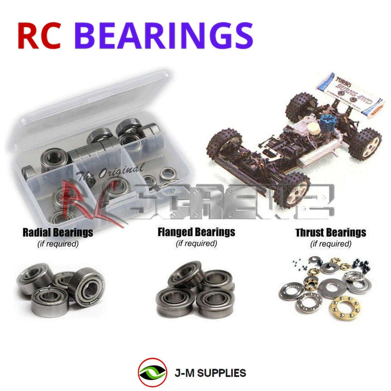 Representative image of an RCScrewZ metal-shielded bearing kit for Kyosho Turbo Burns 1/8 Nitro 4WD Off-Road Buggy (3097); exact bearing sizes and quantities vary by RC model.