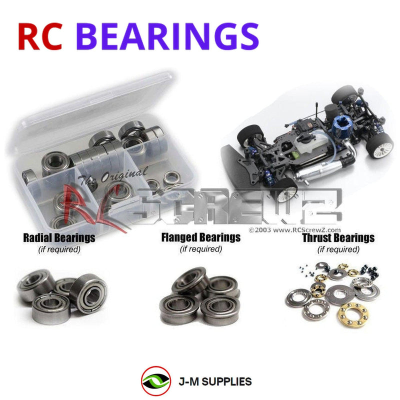 Representative image of an RCScrewZ metal-shielded bearing kit for Kyosho V-One RRR 1/10 Nitro 4WD Touring Car (31256); exact bearing sizes and quantities vary by RC model.