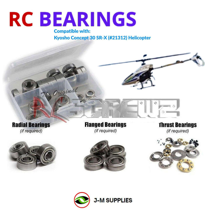 Representative image of an RCScrewZ metal-shielded bearing kit for Kyosho Concept 30 SR-X Nitro RC Helicopter (21312); exact bearing sizes and quantities vary by RC model.