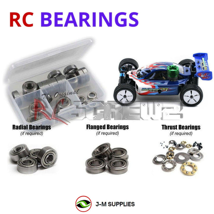 Representative image of an RCScrewZ metal-shielded bearing kit for Kyosho Mini Inferno 09 Nitro 1/16th Off-road Buggy (#31311); exact bearing sizes and quantities vary by RC model.
