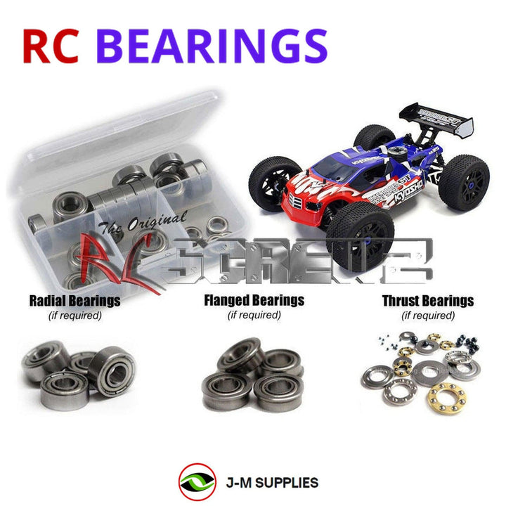 Representative image of an RCScrewZ metal-shielded bearing kit for Kyosho Inferno Neo ST Race Spec 1/8 Nitro Truggy (33002); exact bearing sizes and quantities vary by RC model.