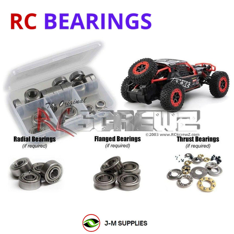 Representative image of an RCScrewZ metal-shielded bearing kit for Kyosho Axxe Readyset 1/10 Electric 2WD Buggy (34401); exact bearing sizes and quantities vary by RC model.