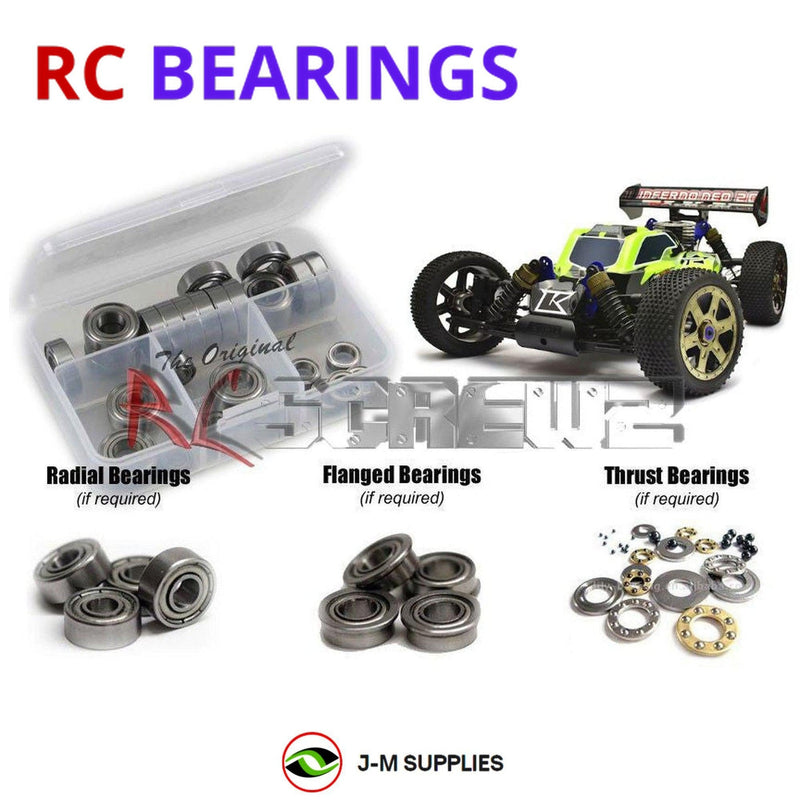 Representative image of an RCScrewZ metal-shielded bearing kit for Kyosho Inferno Neo 2.0 1/8 Nitro 4WD Buggy (31684); exact bearing sizes and quantities vary by RC model.