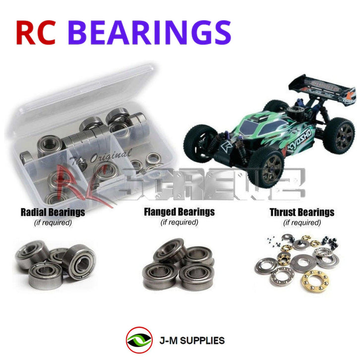 Representative image of an RCScrewZ metal-shielded bearing kit for Kyosho Neo 2.0 4WD 1/8 (#31684); exact bearing sizes and quantities vary by RC model.