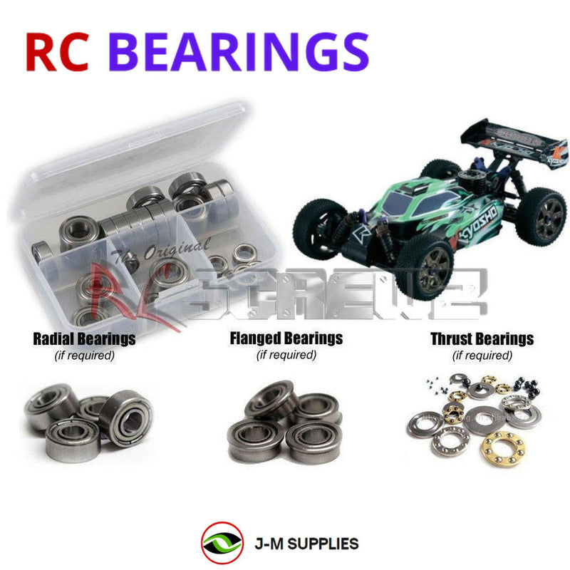 Representative image of an RCScrewZ metal-shielded bearing kit for Kyosho Neo 2.0 4WD 1/8 (#31684); exact bearing sizes and quantities vary by RC model.