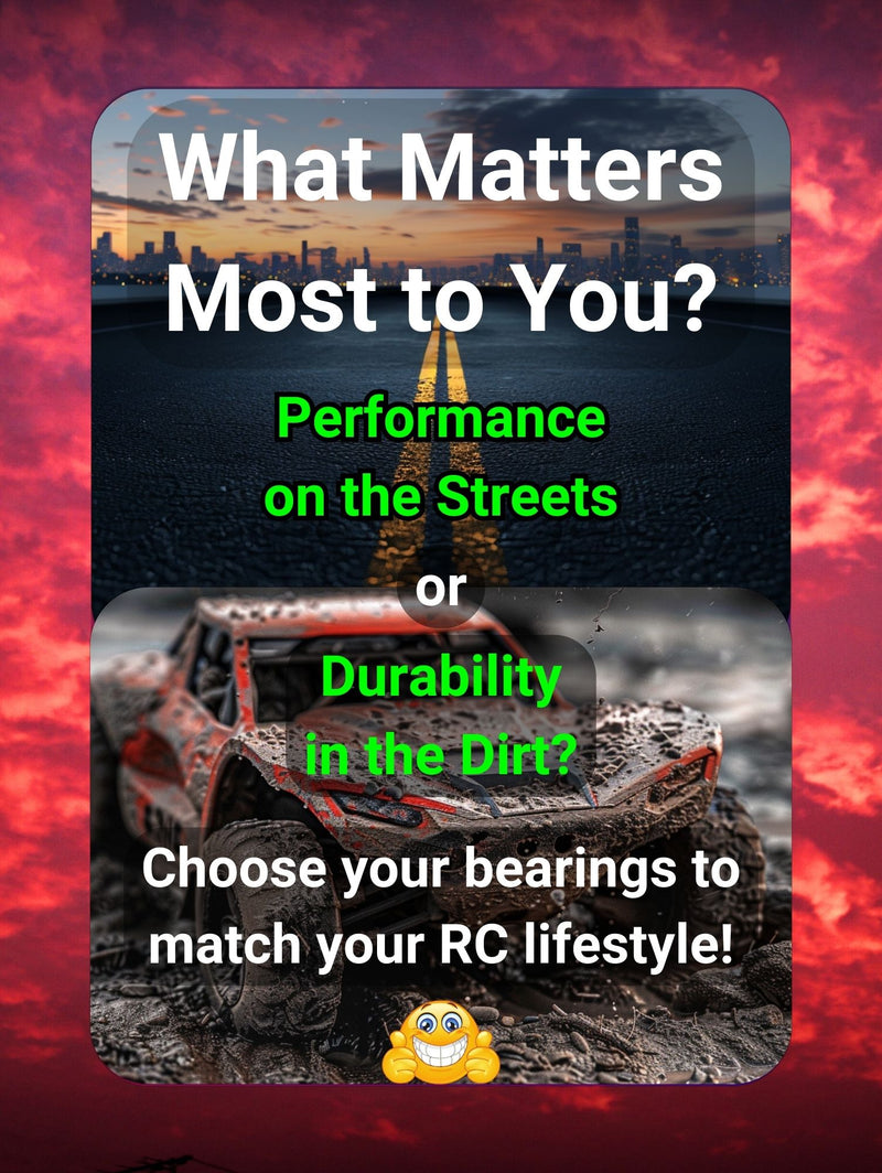 Infographic: 'What Matters Most to You? Performance on the Streets or Durability in the Dirt?' – Guides on selecting bearings to match your RC lifestyle, highlighting the importance of choosing based on whether your focus is speed on paved roads or resilience in off-road conditions - kyo192b
