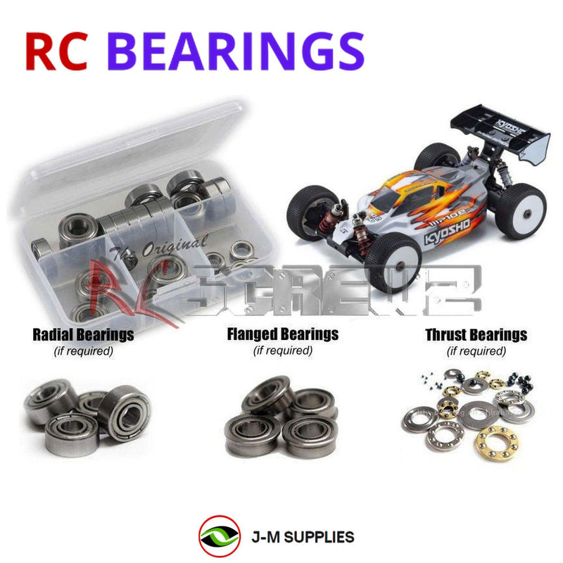 Representative image of an RCScrewZ metal-shielded bearing kit for Kyosho Inferno MP10e 1/8 Electric 4WD Buggy (34110); exact bearing sizes and quantities vary by RC model.