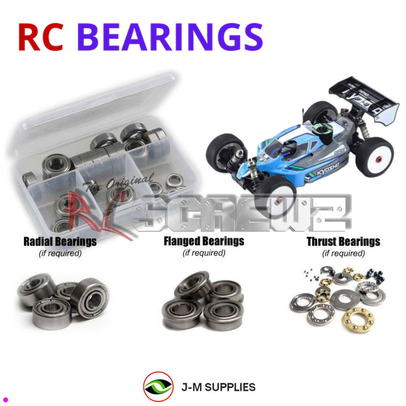 Representative image of an RCScrewZ metal-shielded bearing kit for Kyosho Inferno MP10 TKI2 1/8 Nitro 4WD Buggy (33022, 33025); exact bearing sizes and quantities vary by RC model.