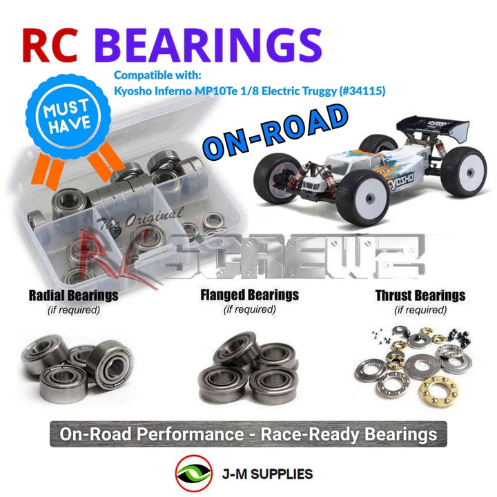 Representative image of an RCScrewZ metal-shielded bearing kit for Kyosho Inferno MP10Te 1/8 Electric 4WD Truggy (34115); exact bearing sizes and quantities vary by RC model.