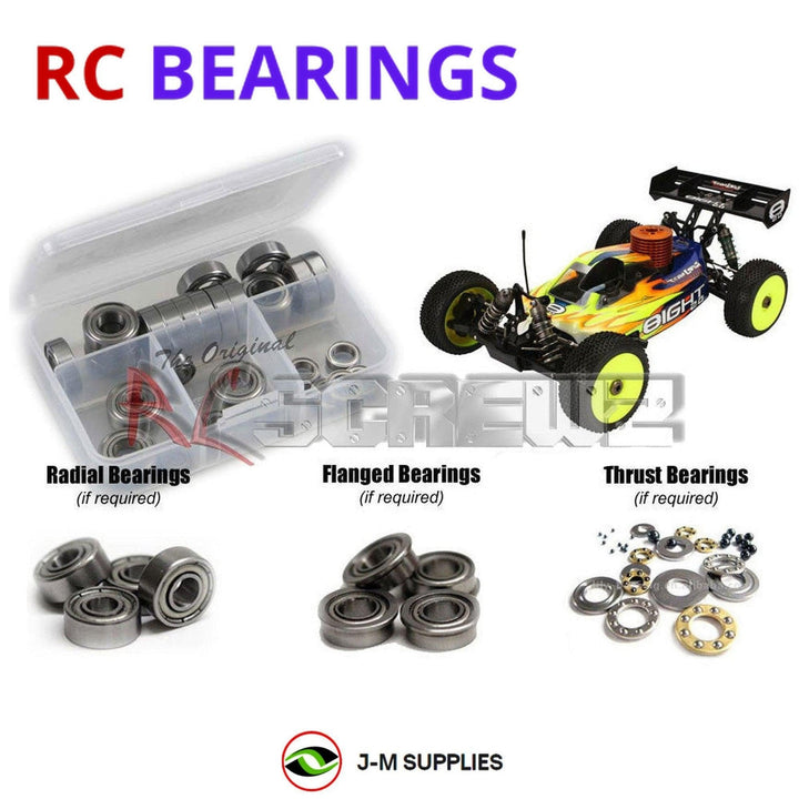Representative image of an RCScrewZ metal-shielded bearing kit for Losi 8IGHT 2.0 RTR 1/8 Nitro 4WD Buggy (LOSB0084); exact bearing sizes and quantities vary by RC model.