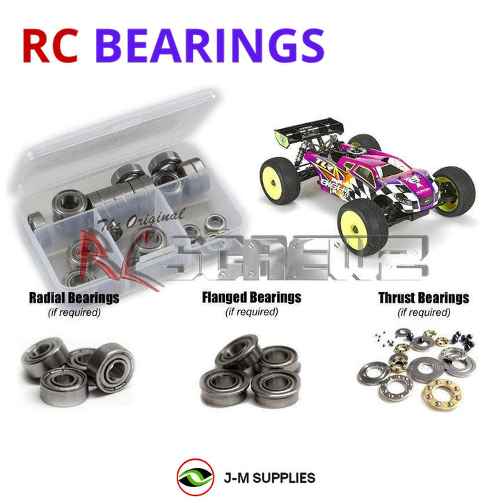 Representative image of an RCScrewZ metal-shielded bearing kit for Losi TLR 8IGHT-T 4.0 1/8 Nitro 4WD Truggy (TLR04005); exact bearing sizes and quantities vary by RC model.