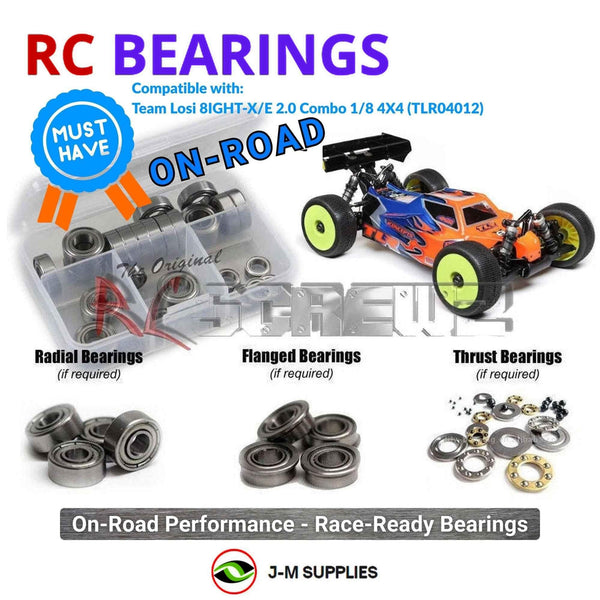 Representative image of an RCScrewZ metal-shielded bearing kit for Losi TLR 8IGHT-X/E 2.0 1/8 Nitro/Electric 4WD Buggy (TLR04012); exact bearing sizes and quantities vary by RC model.