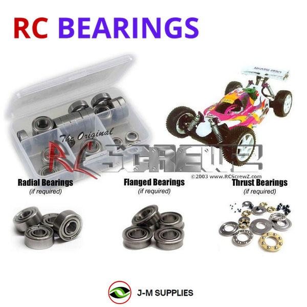 Representative image of an RCScrewZ metal-shielded bearing kit for Mugen Seiki MBX4 / XR Works; exact bearing sizes and quantities vary by RC model.
