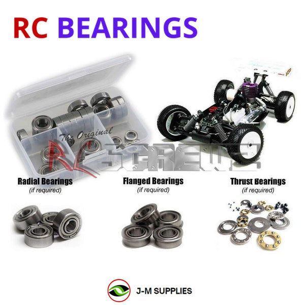 Representative image of an RCScrewZ metal-shielded bearing kit for Mugen Seiki MBX-5R/Prospec 1/8 Nitro Buggy; exact bearing sizes and quantities vary by RC model.