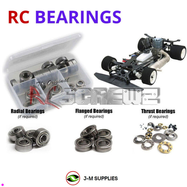 Representative image of an RCScrewZ metal-shielded bearing kit for Mugen Seiki MRX-4X 1/8 Nitro On-road Car; exact bearing sizes and quantities vary by RC model.