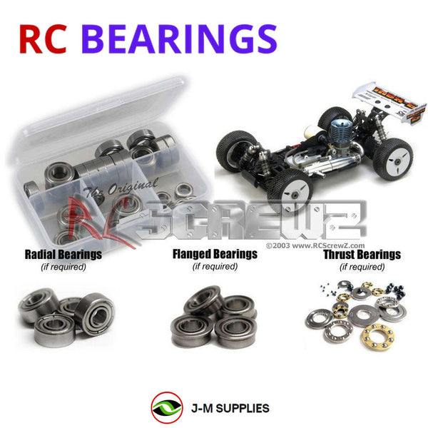 Representative image of an RCScrewZ metal-shielded bearing kit for Mugen Seiki MBX-6/R 1/8th; exact bearing sizes and quantities vary by RC model.