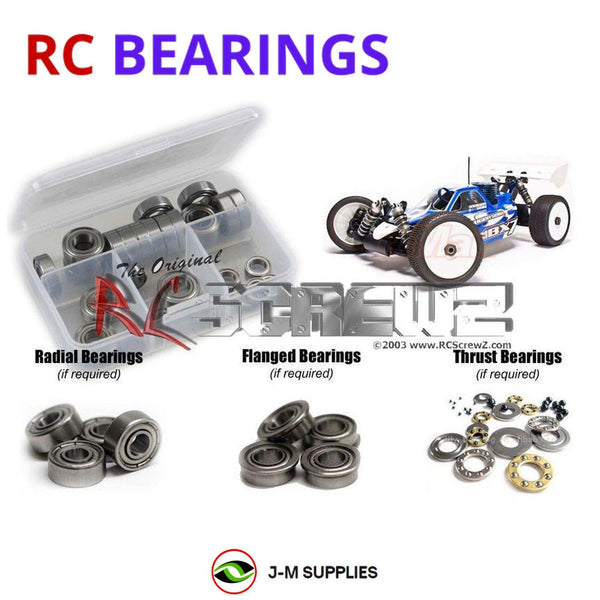 Representative image of an RCScrewZ metal-shielded bearing kit for Mugen Seiki MBX-7 1/8th #E2001; exact bearing sizes and quantities vary by RC model.