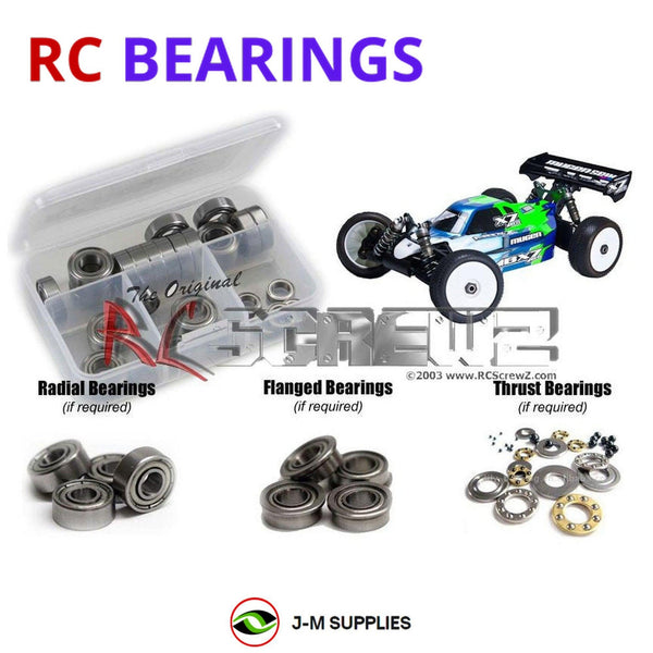 Representative image of an RCScrewZ metal-shielded bearing kit for Mugen Seiki MBX7-E 1/8th #E2010; exact bearing sizes and quantities vary by RC model.