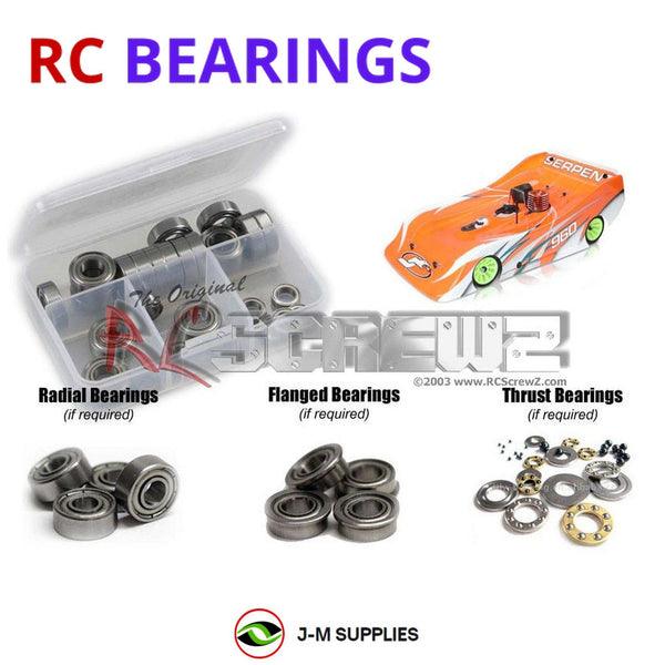 Representative image of an RCScrewZ metal-shielded bearing kit for Serpent 960 1/8th #903000; exact bearing sizes and quantities vary by RC model.