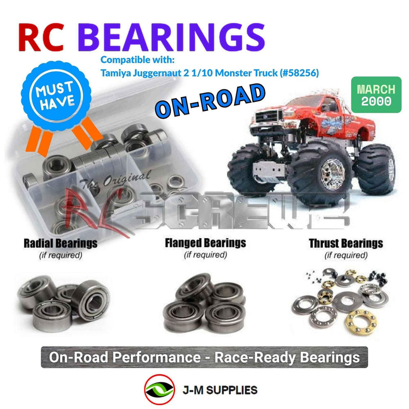 Representative image of an RCScrewZ metal-shielded bearing kit for Tamiya Juggernaut 2 1/10 Electric 4WD Monster Truck (58256); exact bearing sizes and quantities vary by RC model.