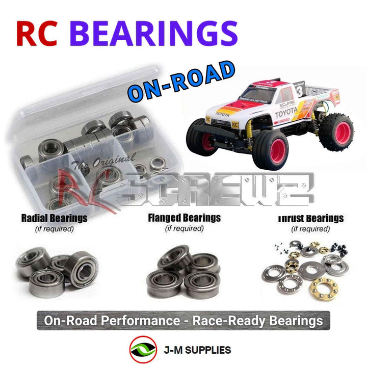 Representative image of an RCScrewZ metal-shielded bearing kit for Tamiya Toyota Hi-Lux Monster Racer 1/10 Electric 4WD (58086); exact bearing sizes and quantities vary by RC model.