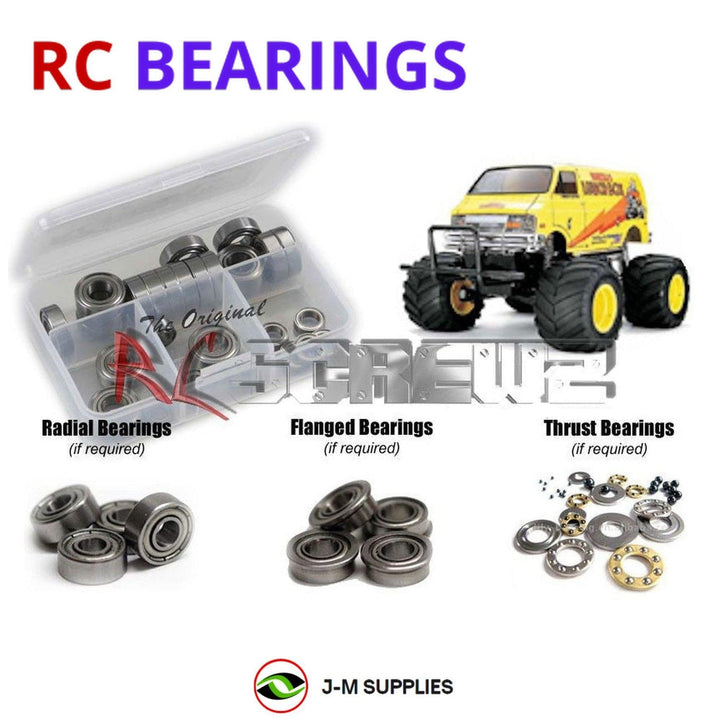 Representative image of an RCScrewZ metal-shielded bearing kit for Tamiya Lunch Box 1/12 Electric 2WD Monster Van (58063); exact bearing sizes and quantities vary by RC model.
