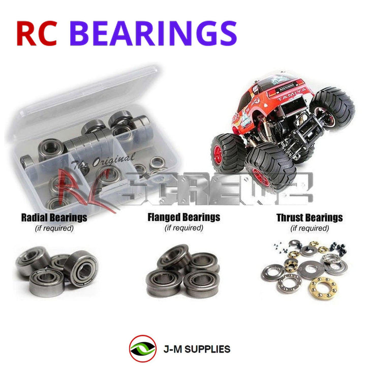 Representative image of an RCScrewZ metal-shielded bearing kit for Tamiya TLT-1 Max Climber 1/18 Electric 4WD Monster Truck (47202); exact bearing sizes and quantities vary by RC model.
