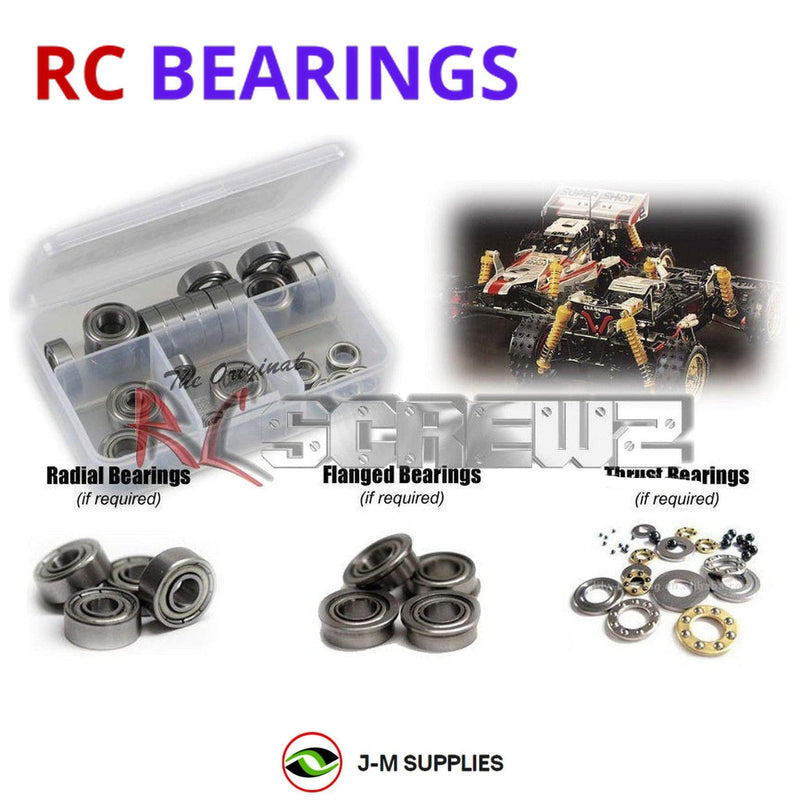 Representative image of an RCScrewZ metal-shielded bearing kit for Tamiya Super Shot 1/10 Electric 4WD Buggy (58054); exact bearing sizes and quantities vary by RC model.