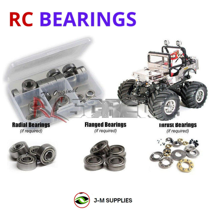 Representative image of an RCScrewZ metal-shielded bearing kit for Tamiya Wild Willy 2 WR-02 2WD (#58242, 57046, 49337); exact bearing sizes and quantities vary by RC model.
