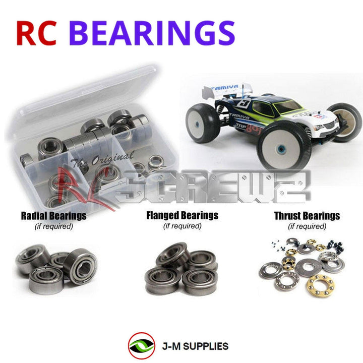 Representative image of an RCScrewZ metal-shielded bearing kit for Tamiya TRF801Xt 1/8 Nitro 4WD Off-Road Truggy (49497); exact bearing sizes and quantities vary by RC model.