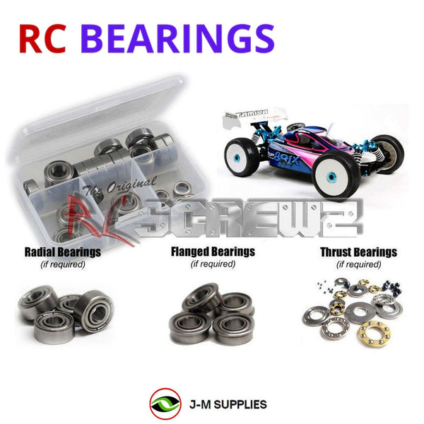 Representative image of an RCScrewZ metal-shielded bearing kit for Tamiya TRF801X 1/8 Nitro 4WD Buggy (84067); exact bearing sizes and quantities vary by RC model.