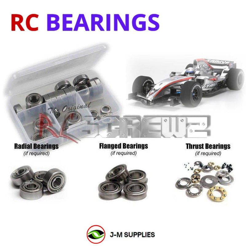 Representative image of an RCScrewZ metal-shielded bearing kit for Tamiya F104 Pro 1/10 Electric 2WD Formula Car (84106); exact bearing sizes and quantities vary by RC model.