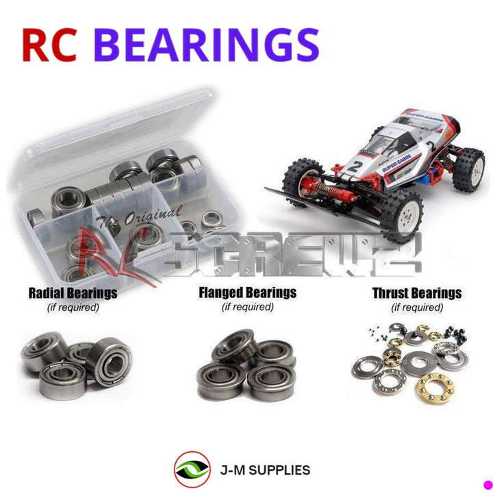 Representative image of an RCScrewZ metal-shielded bearing kit for Tamiya Super Sabre Boomerang 1/10 Electric 4WD Buggy (58728); exact bearing sizes and quantities vary by RC model.