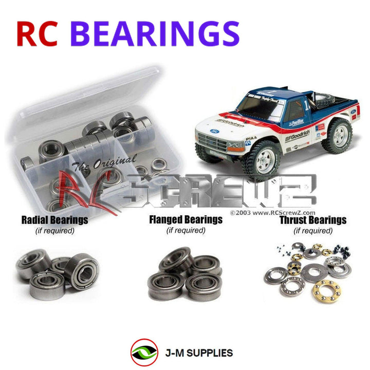 Representative image of an RCScrewZ metal-shielded bearing kit for Tamiya Ford F-150 Baja 1/10 Electric 4WD Truck (58495); exact bearing sizes and quantities vary by RC model.