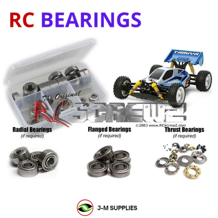 Representative image of an RCScrewZ metal-shielded bearing kit for Tamiya Neo Scorcher TT-02B 1/10 4WD Buggy (58568); exact bearing sizes and quantities vary by RC model.