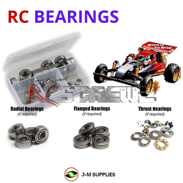 Representative image of an RCScrewZ metal-shielded bearing kit for Tamiya Falcon 1/10 Electric 2WD Off-Road Buggy (58056); exact bearing sizes and quantities vary by RC model.