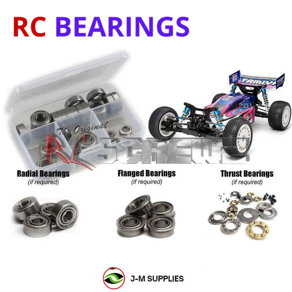 Representative image of an RCScrewZ metal-shielded bearing kit for Tamiya DF-03MS 1/10 Electric 4WD Off-Road Buggy (84370); exact bearing sizes and quantities vary by RC model.