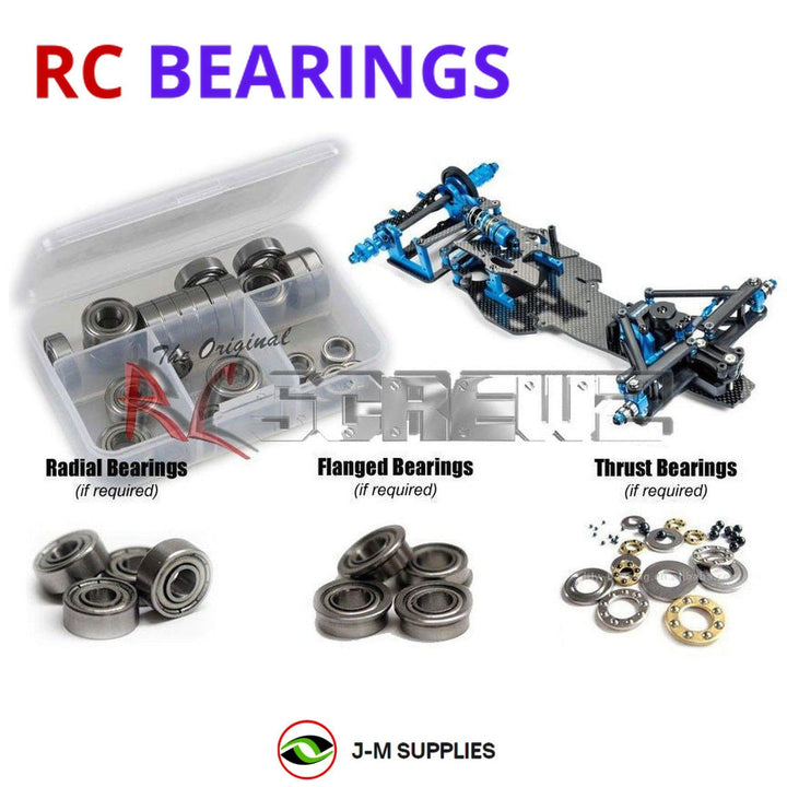 Representative image of an RCScrewZ metal-shielded bearing kit for Tamiya TRF102 1/10 Electric 2WD Formula Racing Car (42289); exact bearing sizes and quantities vary by RC model.