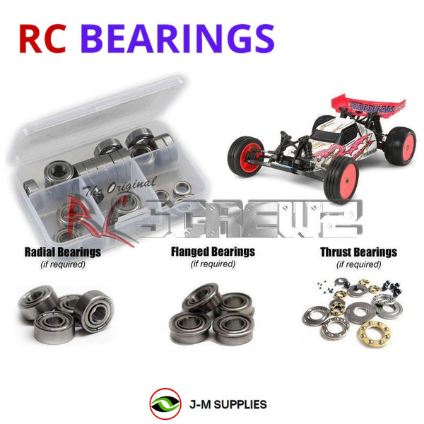 Representative image of an RCScrewZ metal-shielded bearing kit for Tamiya Zahhak DN-01 1/10 Electric 2WD Buggy (58477); exact bearing sizes and quantities vary by RC model.