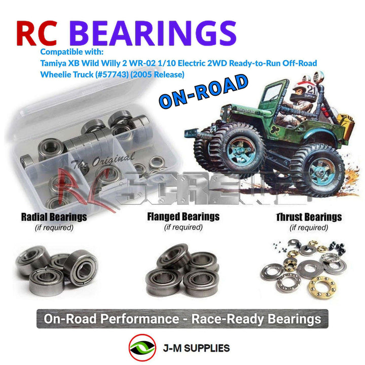 Representative image of an RCScrewZ metal-shielded bearing kit for Tamiya XB Wild Willy 2 WR-02 1/10 Electric 2WD Truck (57743); exact bearing sizes and quantities vary by RC model.