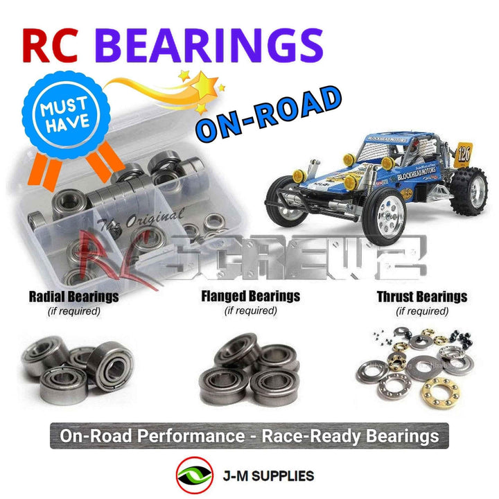 Representative image of an RCScrewZ metal-shielded bearing kit for Tamiya Wild One Blockhead 1/10 Electric 2WD Buggy (58695); exact bearing sizes and quantities vary by RC model.