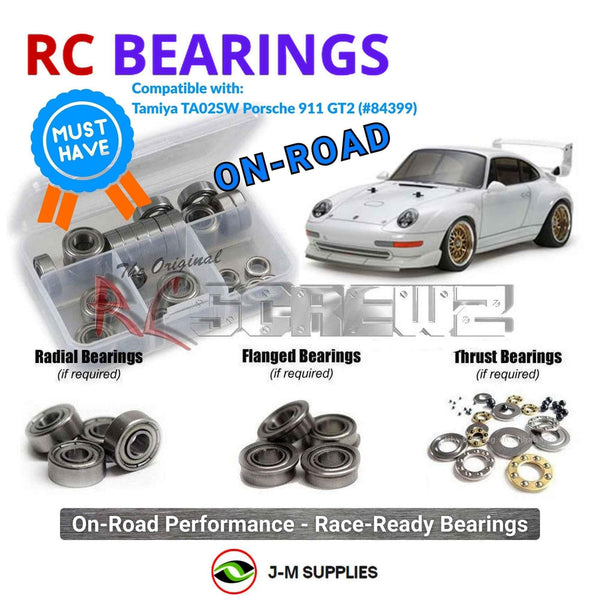 Representative image of an RCScrewZ metal-shielded bearing kit for Tamiya Porsche 911 GT2 TA02SW 1/10 Electric 4WD (84399); exact bearing sizes and quantities vary by RC model.