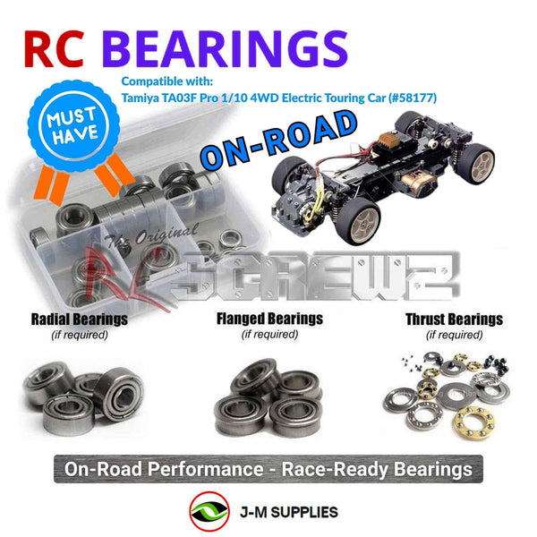 Representative image of an RCScrewZ metal-shielded bearing kit for Tamiya TA03F Pro 1/10 Electric 4WD Touring Car (58177); exact bearing sizes and quantities vary by RC model.