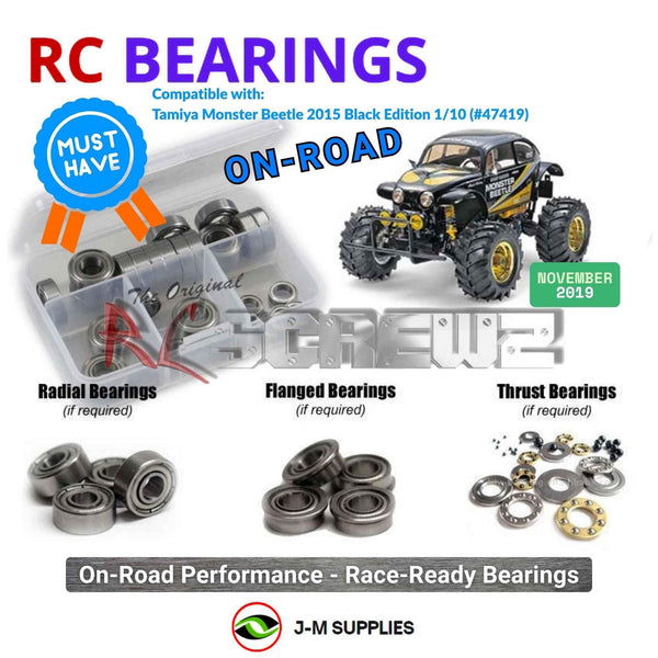 Representative image of an RCScrewZ metal-shielded bearing kit for Tamiya Monster Beetle Black 1/10 Electric 2WD Truck (47419); exact bearing sizes and quantities vary by RC model.