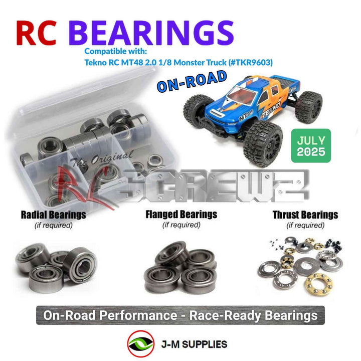 Representative image of an RCScrewZ metal-shielded bearing kit for Tekno MT48 2.0 1/8 Electric 4WD MT (TKR9603); exact bearing sizes and quantities vary by RC model.