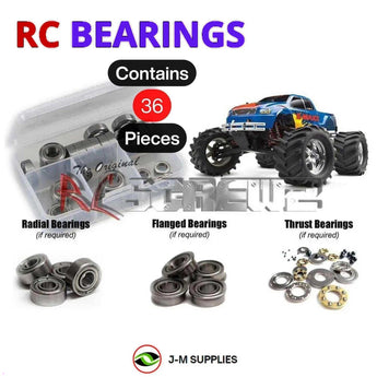 Representative image of an RCScrewZ metal-shielded bearing kit for Traxxas E-Maxx 1/10 Electric 4WD MT (3903, 3906); exact bearing sizes and quantities vary by RC model.