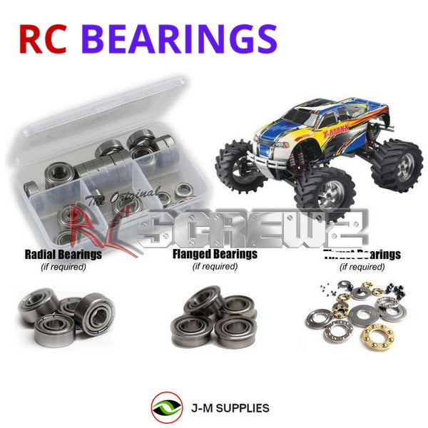 Representative image of an RCScrewZ metal-shielded bearing kit for Traxxas T-Maxx 1.5 / .15 1/10 Nitro 4WD MT; exact bearing sizes and quantities vary by RC model.