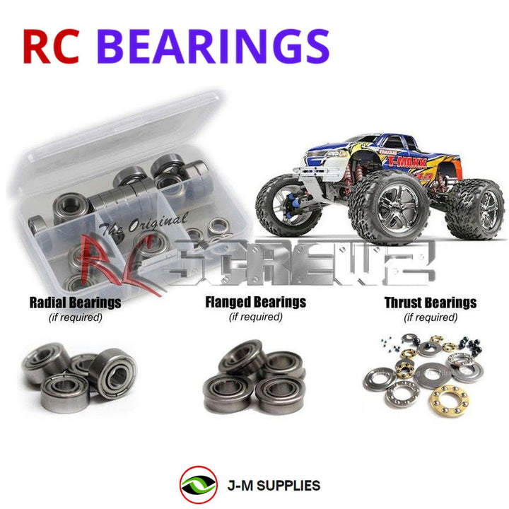 Representative image of an RCScrewZ metal-shielded bearing kit for Traxxas T-Maxx 3.3 1/10 Nitro 4WD MT (4907); exact bearing sizes and quantities vary by RC model.