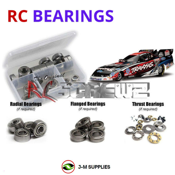 Representative image of an RCScrewZ metal-shielded bearing kit for Traxxas NHRA Funny Car 1/8 Electric 2WD Drag Car (6907); exact bearing sizes and quantities vary by RC model.